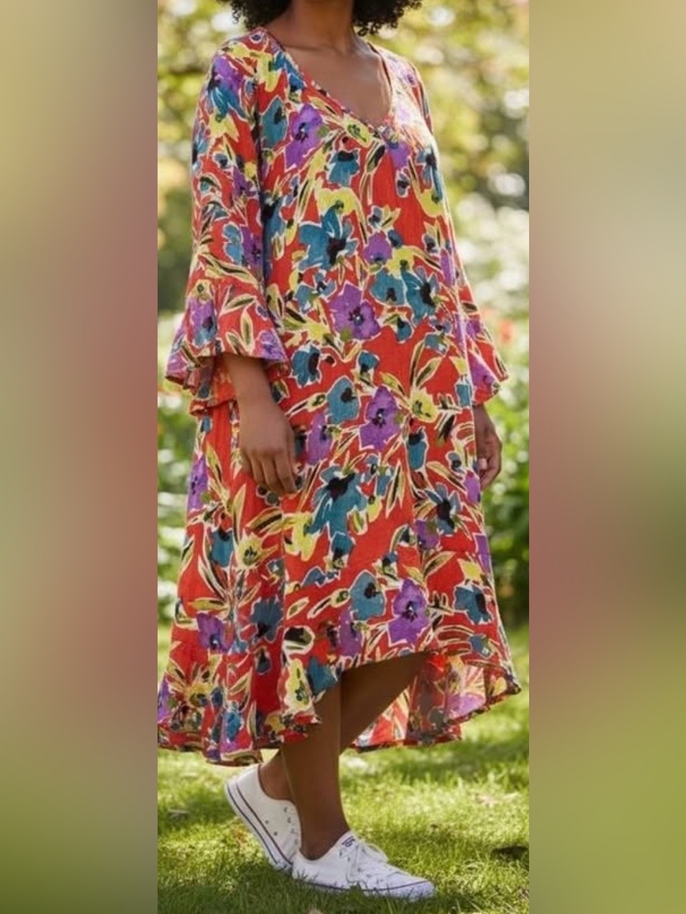Anne Klein Red Floral V-Neck Midi Dress